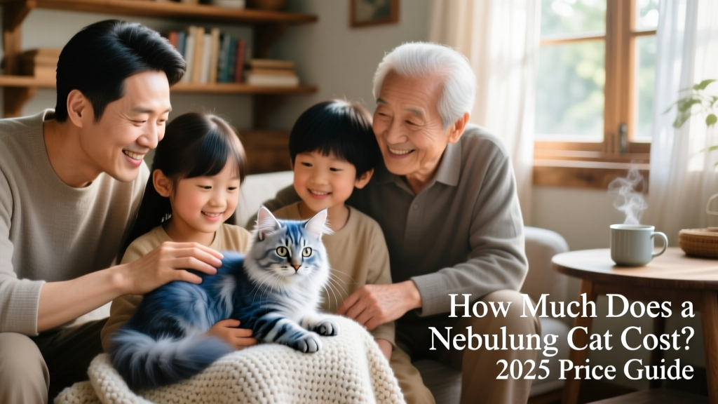 A happy family gently interacting with a young Nebelung kitten, emphasizing safe, respectful bonding