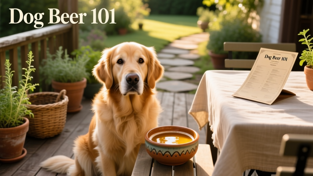 A dog sitting beside a small ceramic bowl filled with golden-brown dog beer, next to a cozy outdoor patio setting