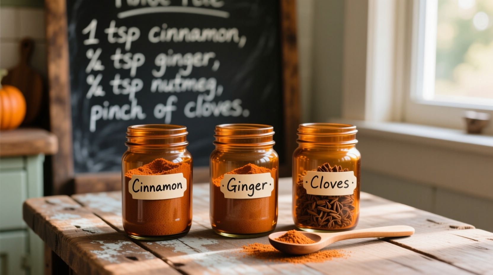Homemade pumpkin pie spice blend in glass jars