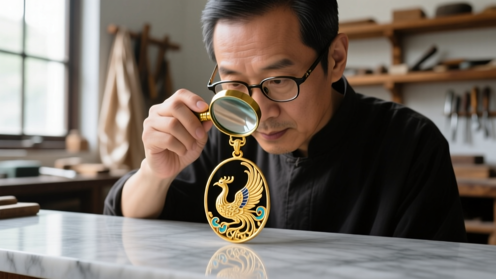 Jeweler inspecting a traditional Chinese gold pendant with a loupe, focusing on the tiny maker
