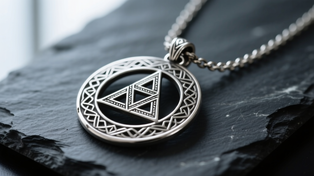 Macro shot of an antiqued sterling silver lucifer sigil necklace on dark slate, highlighting intricate geometric line engravings.