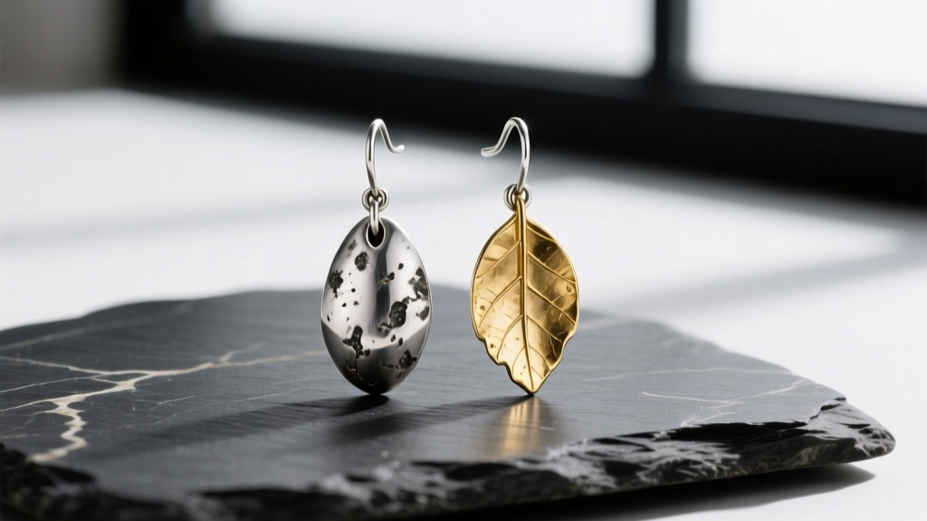 Oxidized sterling silver and 18k gold leaf drop earrings by Jody Coyote resting on a dark slate stone surface.