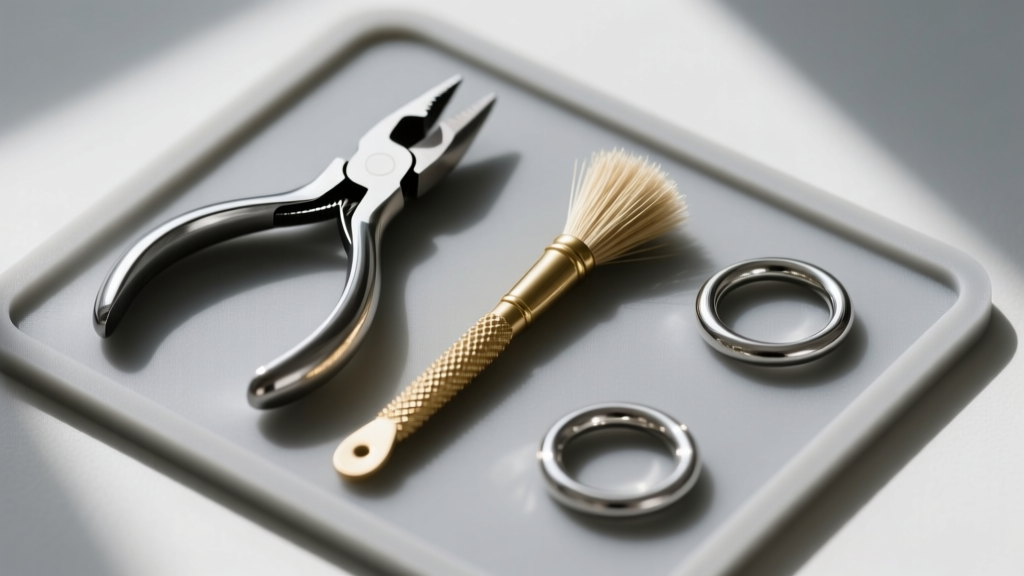 Top-down view of jewelry repair tools including flat-nose pliers, a brass brush, and silver jump rings on a gray silicone mat.