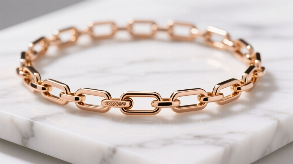Macro shot of a 14k rose gold paperclip chain link necklace on white marble, highlighting elongated rectangular links and clasp