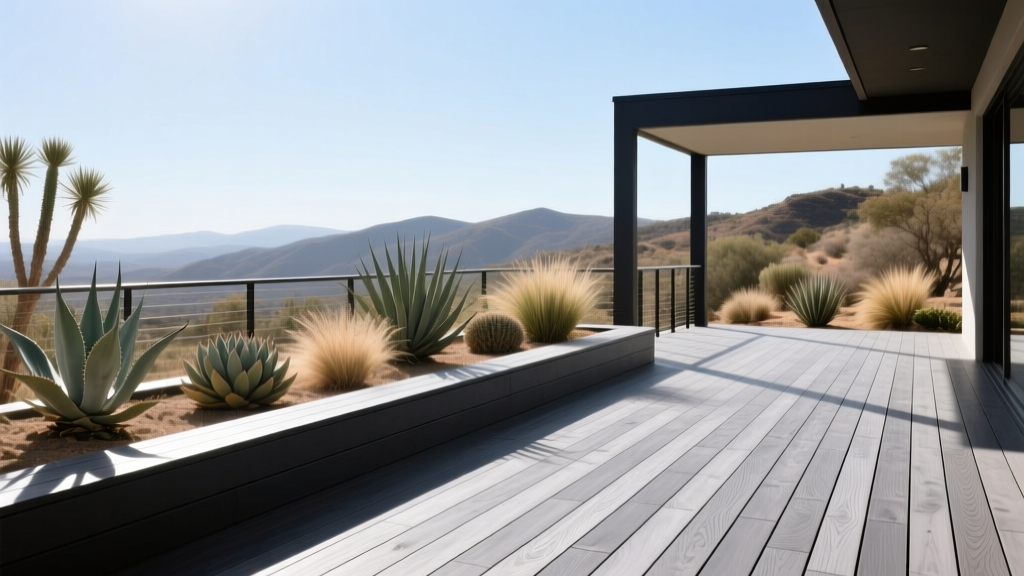 Modern outdoor deck contrasting dark capped composite boards with silver-gray weathered acetylated wood and native drought-tolerant landscaping