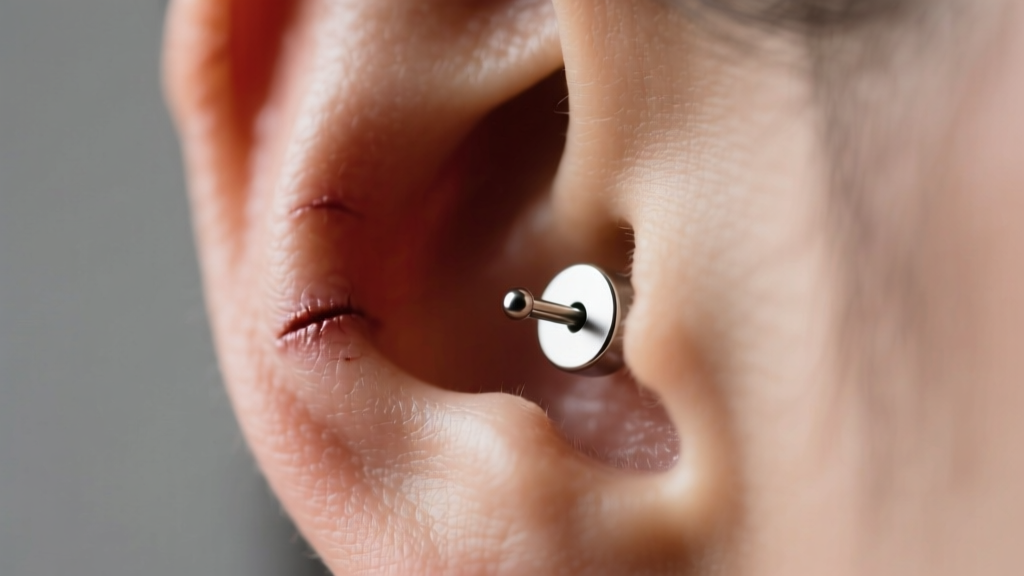 Close-up macro of a healed earlobe piercing with a 16-gauge implant-grade titanium flat back labret, soft studio lighting.