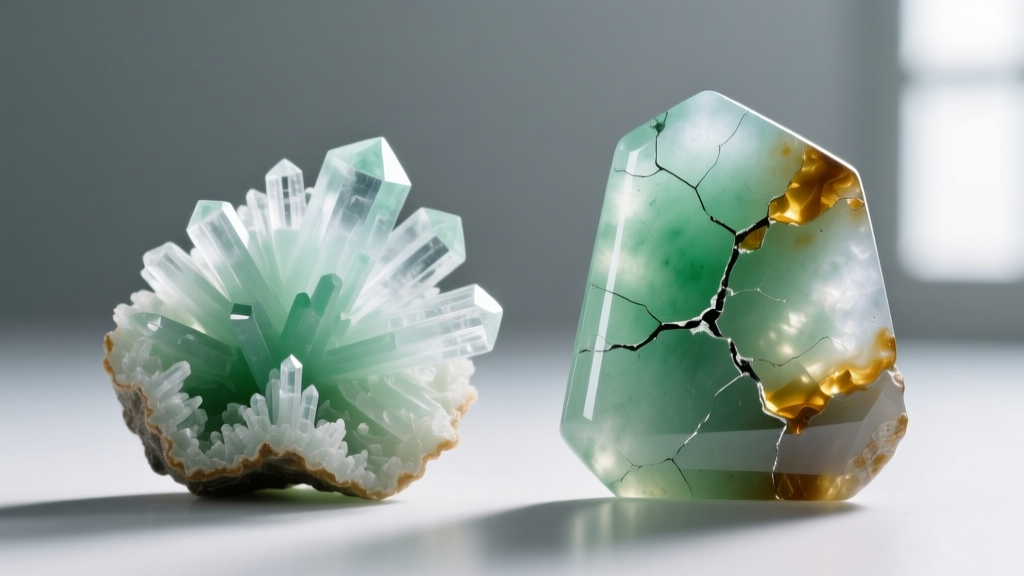 Macro photo of Type A jadeite fibrous structure next to acid-bleached Type B jade showing polymer filling in surface cracks