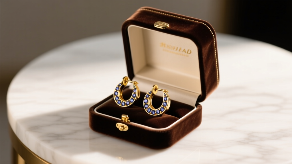 Elegant velvet box open on marble table revealing custom 18k gold huggie earrings with sapphire pavé under soft warm lighting.