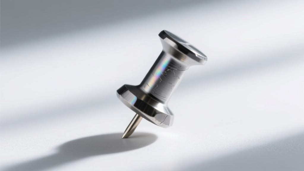 Macro close-up of a 16-gauge threadless titanium push-pin post with a slight bend at the tip against a blurred white background