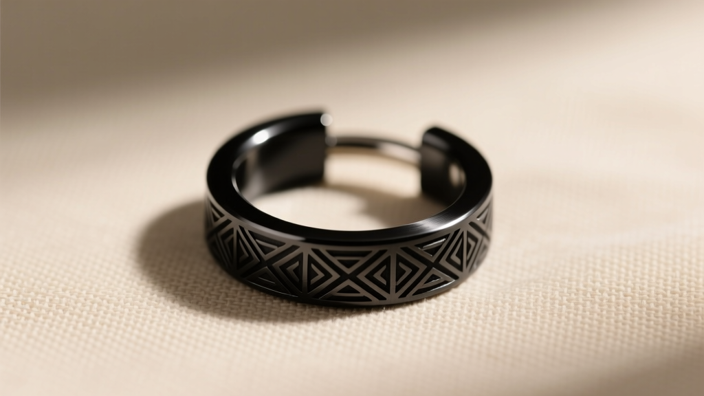 Macro shot of a matte black PVD-coated surgical steel clicker hoop with geometric patterns on a minimalist beige linen fabric