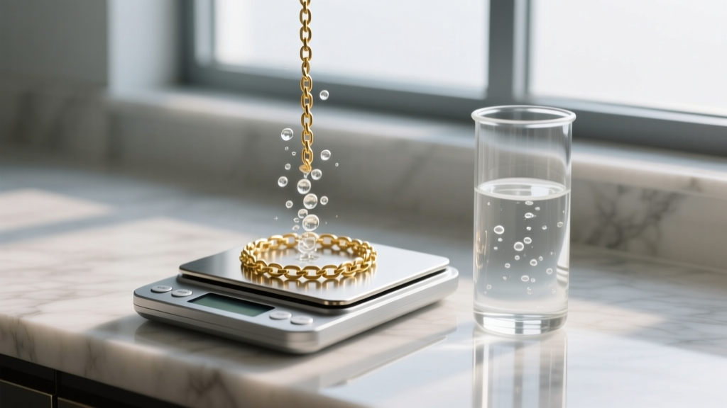 Digital scale weighing a gold chain next to a glass cylinder of water, demonstrating the water displacement density test method