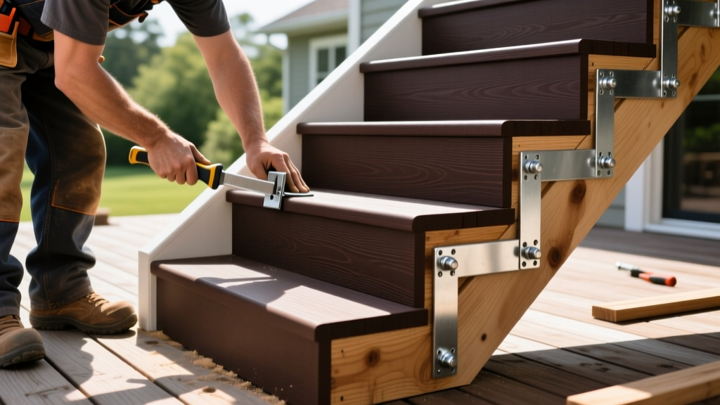 Carpenter securing dark brown composite stair treads onto notched pressure-treated wooden stringers using galvanized metal brackets outdoors