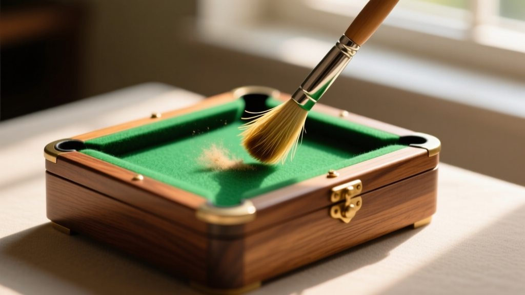 Horsehair brush sweeping dust off the miniature green felt surface of a wooden pool table jewelry box in warm natural sunlight.