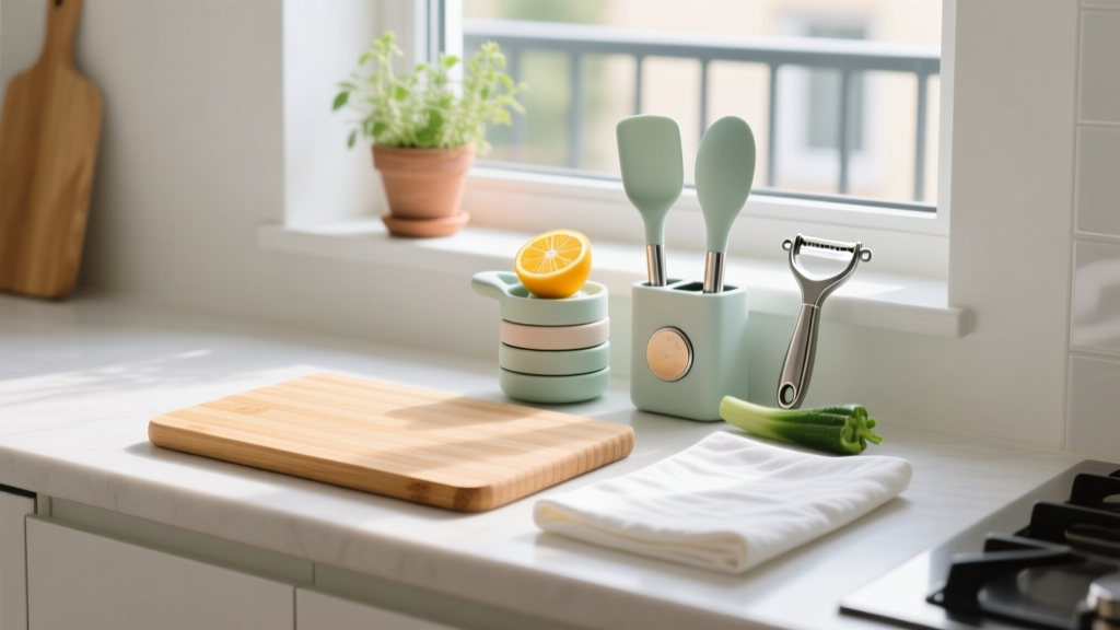 Tiny apartment counter featuring ultra-thin bamboo cutting board, folded prep mat, and stacked compact kitchen gadgets in bright natural light