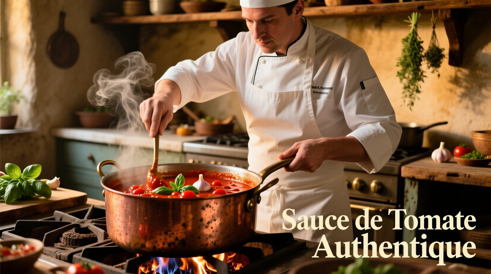 Chef stirring rich tomato sauce in copper pot