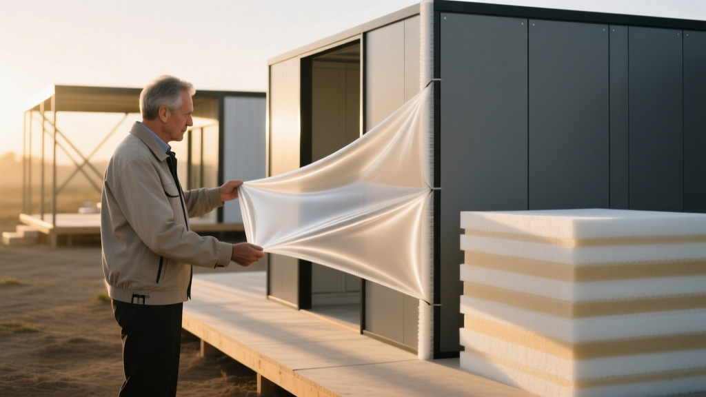 Architect reviewing a flexible TPU insulated membrane next to rigid XPS foam boards on a modular pop-up building site at dawn