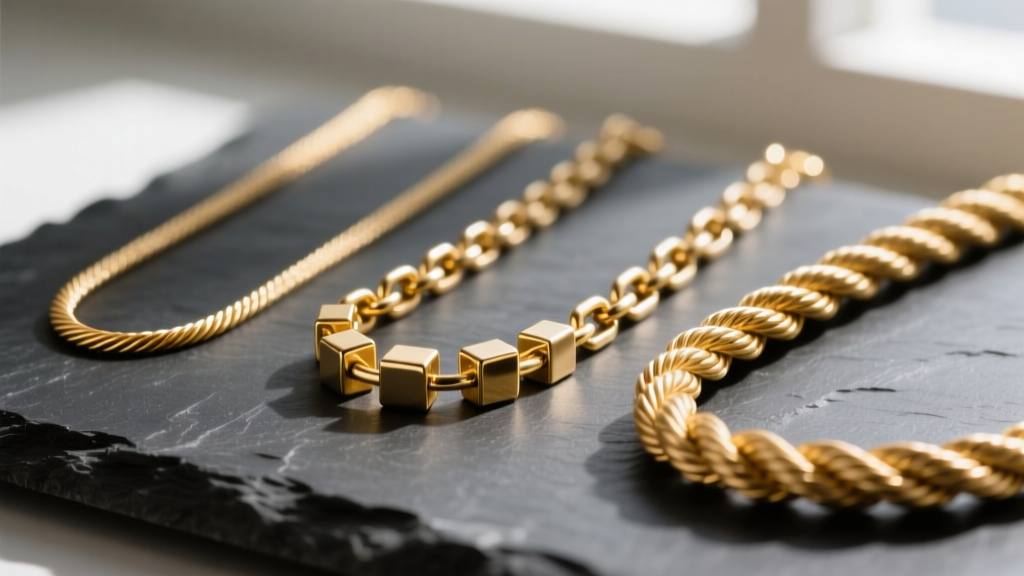 Macro shot comparing three gold necklace chains: a 0.8mm cable chain, a 1.2mm box chain, and a 1.5mm rope chain on dark slate