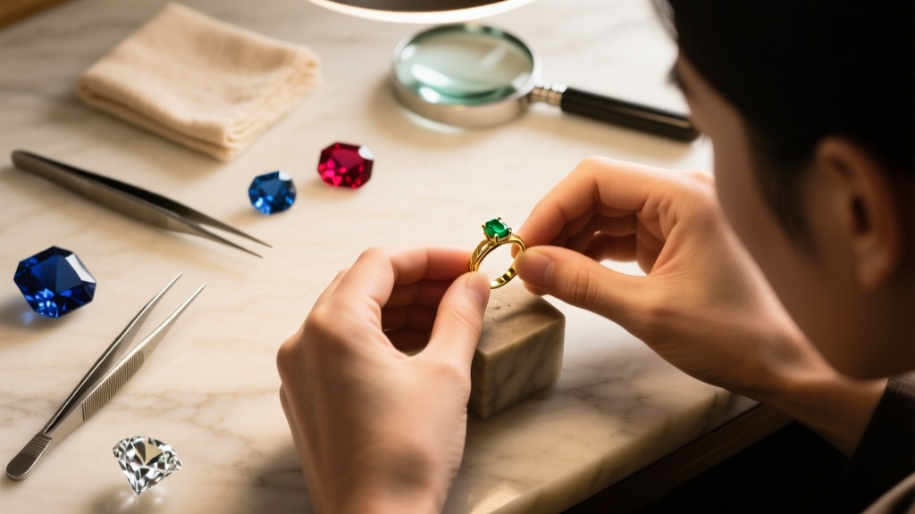 Overhead view of a jeweler's workbench featuring a glowing CAD monitor displaying a 3D pendant model, a loupe, and calipers.
