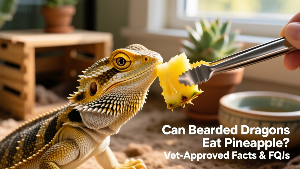 Close-up of a bearded dragon gently tasting a small piece of fresh pineapple on a feeding tong