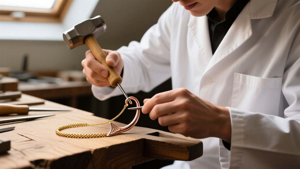 Jeweler using a mandrel and rawhide mallet to reshape a bent 16-gauge rose gold fishhook necklace clasp on a wooden workbench