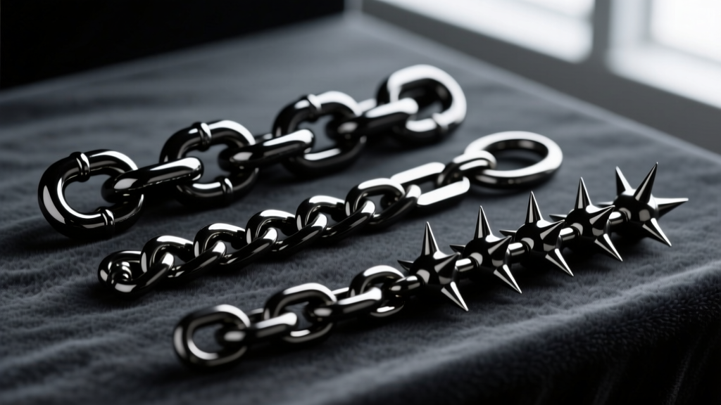 Macro shot comparing three black metal chain links: a heavy Cuban curb, a classic Figaro, and a spiked rolo chain on dark velvet