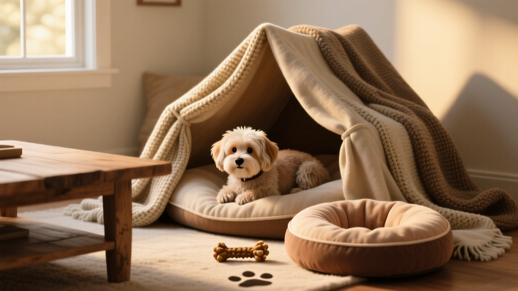 A small dog nestled comfortably inside a blanket fort draped over a coffee table, with a donut-shaped bed and chew toy visible