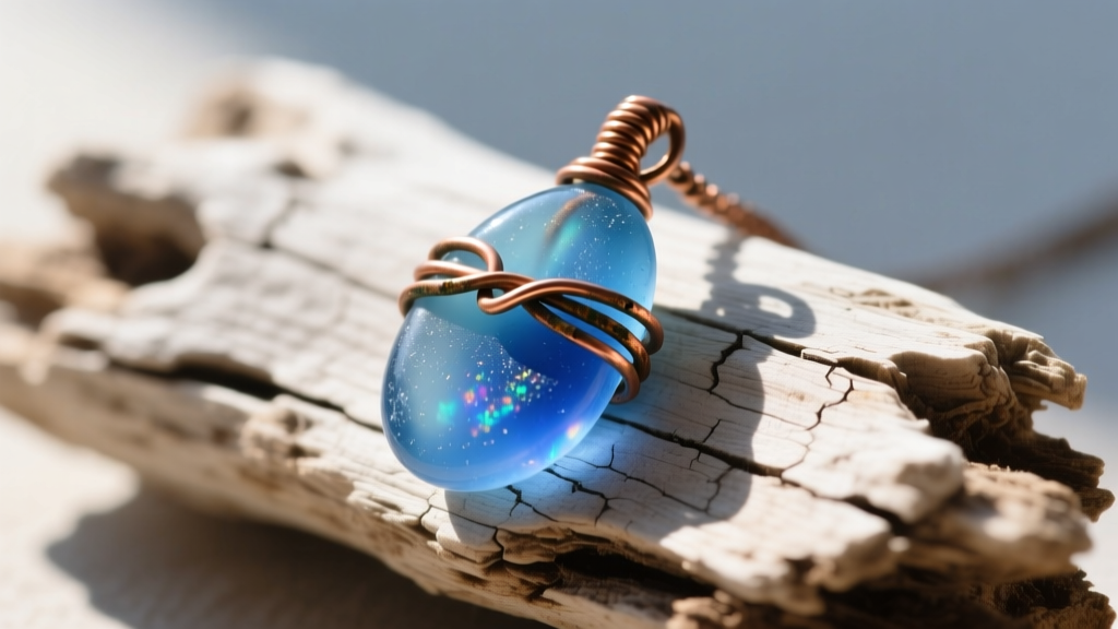 Close-up of a frosted cobalt blue seaglass pendant wrapped in tarnished 20-gauge copper wire, resting on weathered driftwood