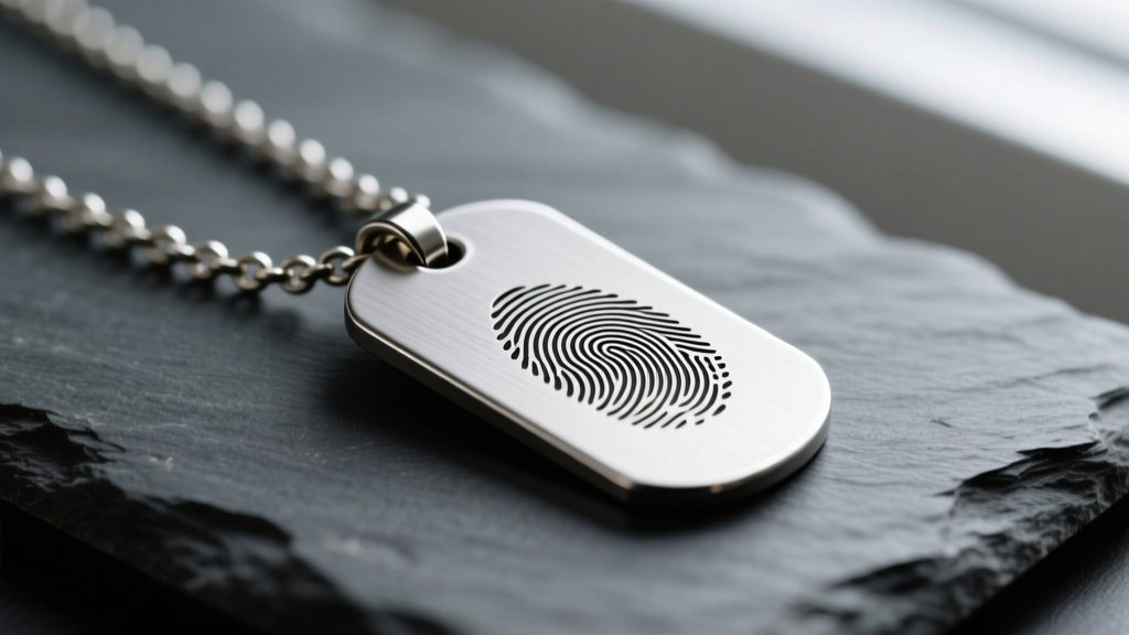 Close-up of a brushed titanium dog-tag style daddy necklace with deep laser-engraved fingerprints, resting on a dark slate surface