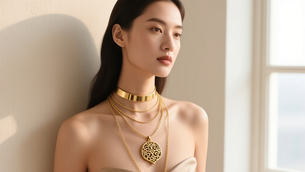 Model wearing a three-tier layered necklace stack with a 16-inch choker, 20-inch artisan gold pendant, and 24-inch chain.