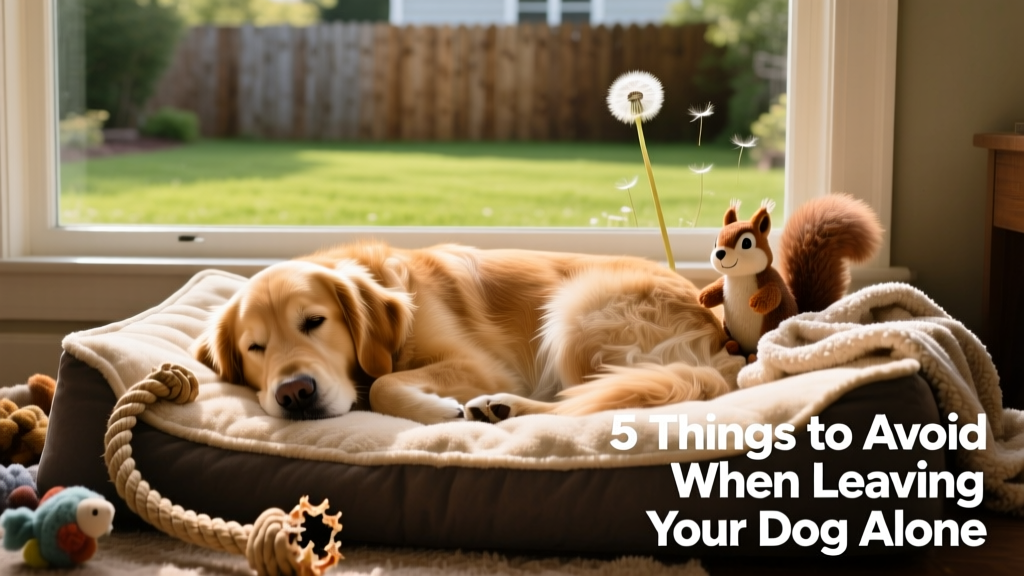 A dog curled up on its favorite bed beside familiar toys and a window view of the backyard