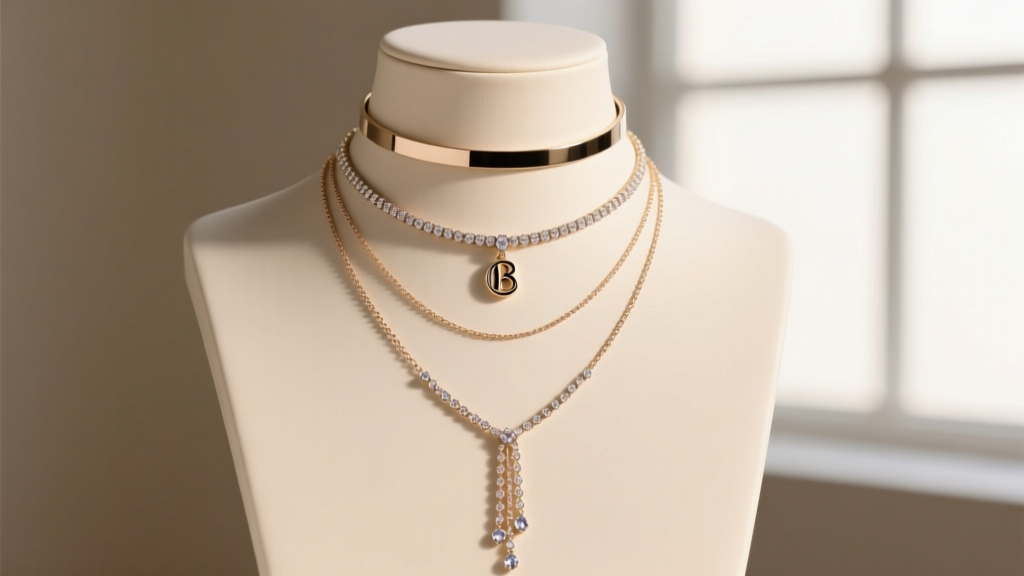 Jewelry bust displaying a layered 16-inch choker, an 18-inch initial pendant, and a 20-inch lariat chain to demonstrate spacing
