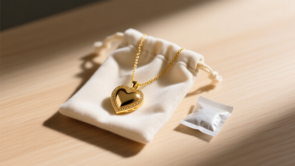 A polished 14k gold sacred heart necklace stored inside an anti-tarnish microfiber pouch next to a small silica gel packet on wood