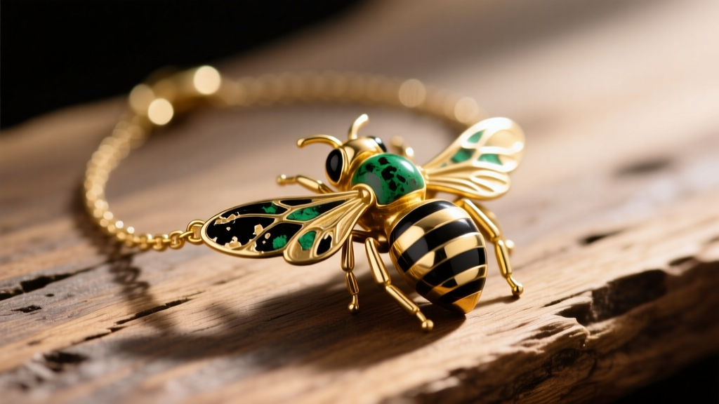 Worn gold-plated brass bee necklace showing green oxidation on the back and chipped black enamel on the left wing, resting on oak.