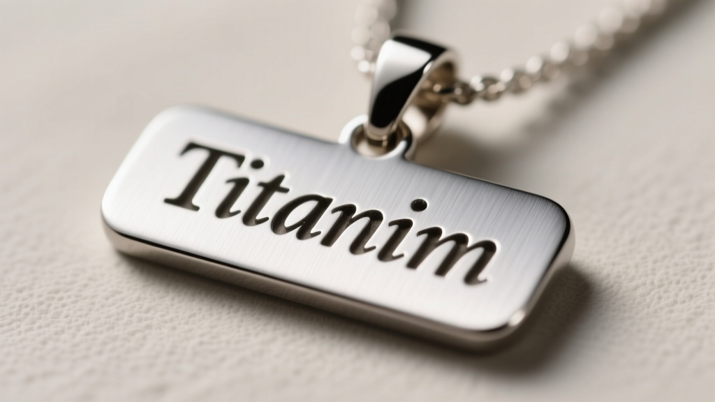 Macro shot of a laser-cut titanium name pendant edge, showing the smooth tumbled finish and rounded corners safe for delicate skin