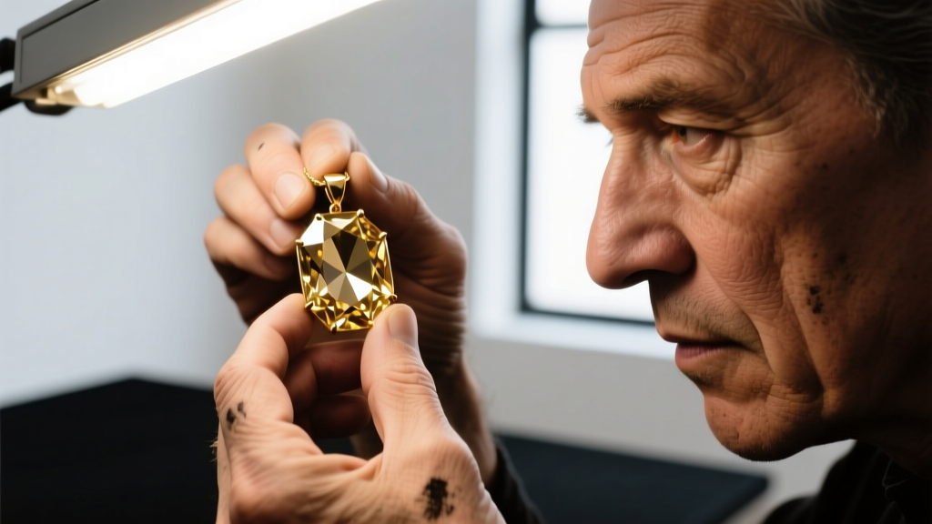 Close-up of an artisan inspecting the foil backing of a vintage rose-cut crystal pendant under a bright LED jeweler's loupe lamp