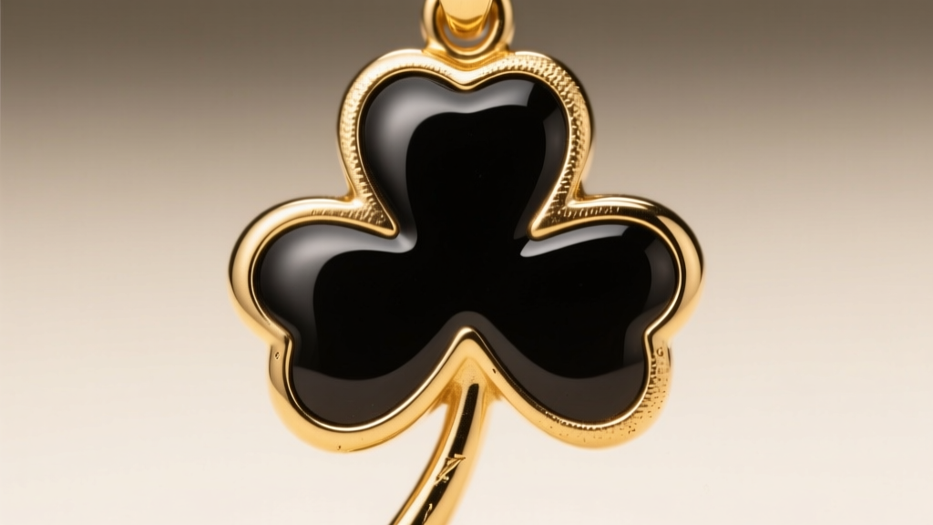 Macro shot of a clover pendant edge revealing 14k gold vermeil plating meeting a polished black onyx inlay under studio lighting.