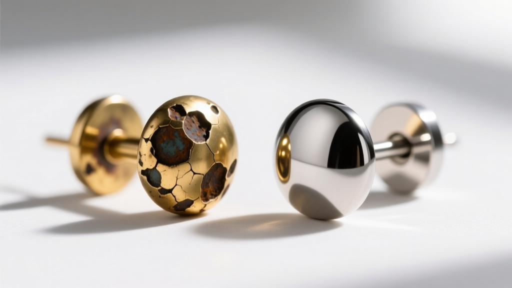 Macro photography comparing a pitted, corroded brass earring post with a pristine, polished ASTM F136 titanium earring post