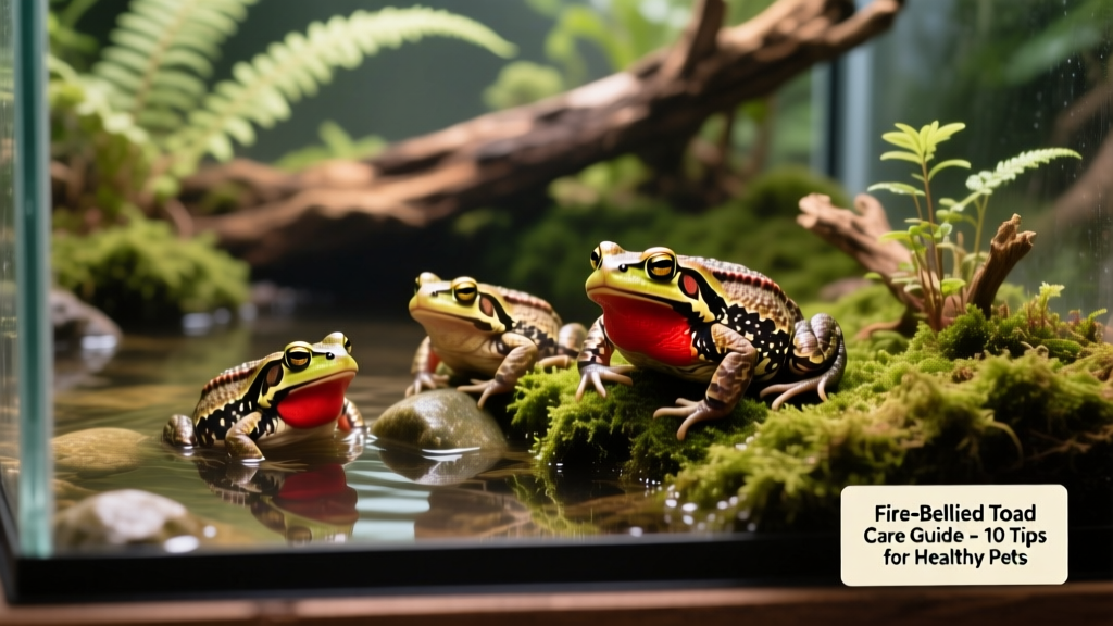 A group of fire-bellied toads resting on damp moss near a shallow water area in a planted terrarium