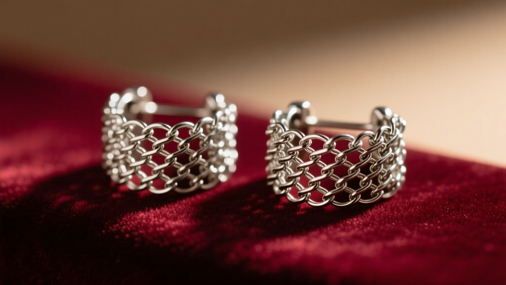 Macro shot of silver Byzantine chainmail earrings on velvet, highlighting interlocking jump rings under warm studio lighting.
