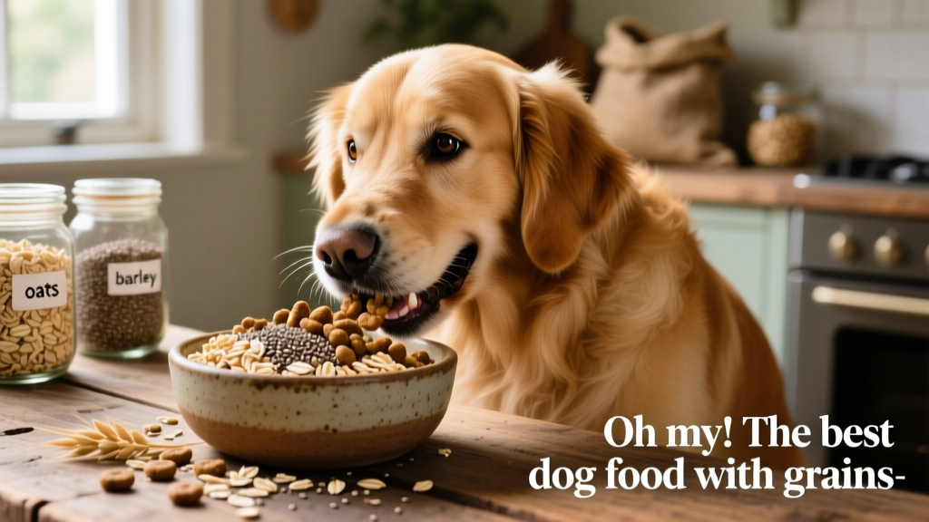 A golden retriever happily eating kibble from a ceramic bowl, with visible whole grains like oats and barley in the food