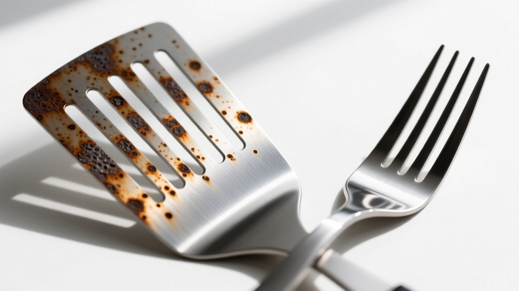Close-up macro shot showing surface rust spots on a 430 stainless steel grill spatula blade next to a pristine 304 stainless steel BBQ fork