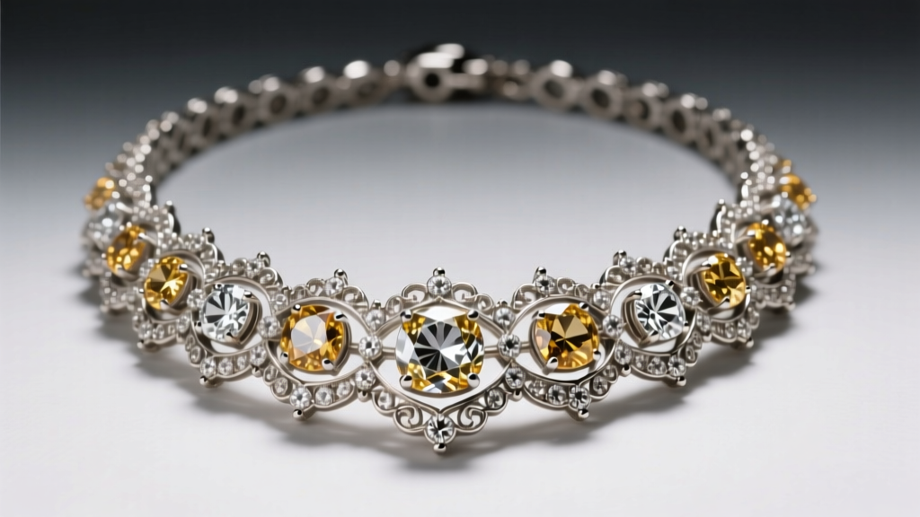 Close-up of a historic diamond necklace replica featuring silver collet settings and old mine cut diamonds in museum lighting