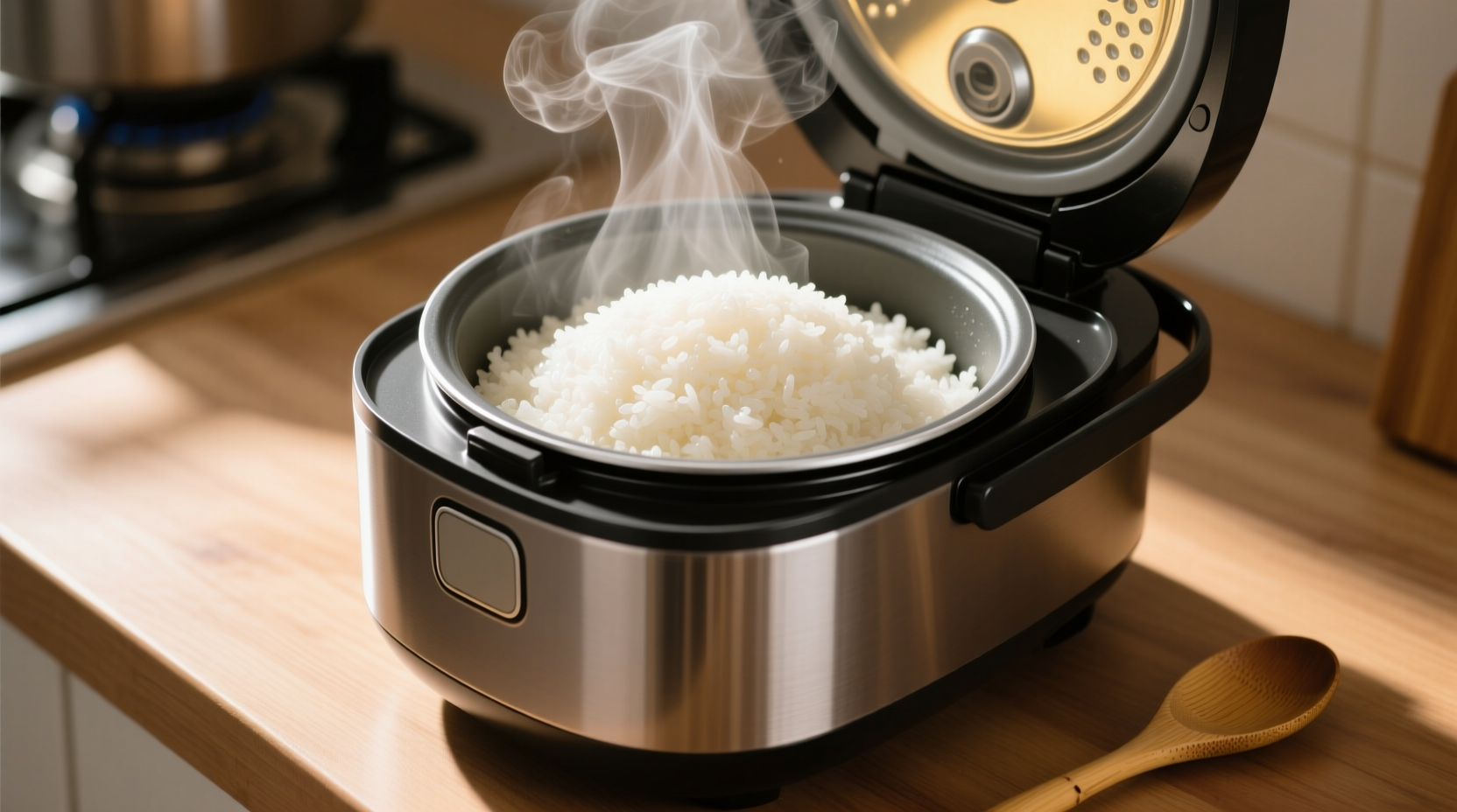 Rice cooker steaming with perfect cooked rice