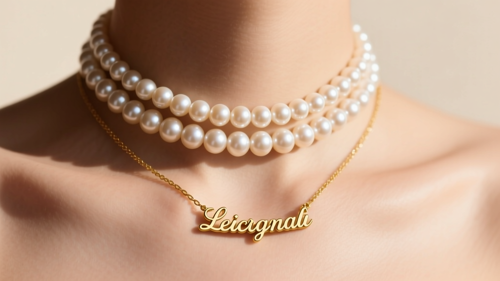 14-inch pearl choker layered with 16-inch gold personalized name necklace on collarbone, highlighting mixed textures in daylight.