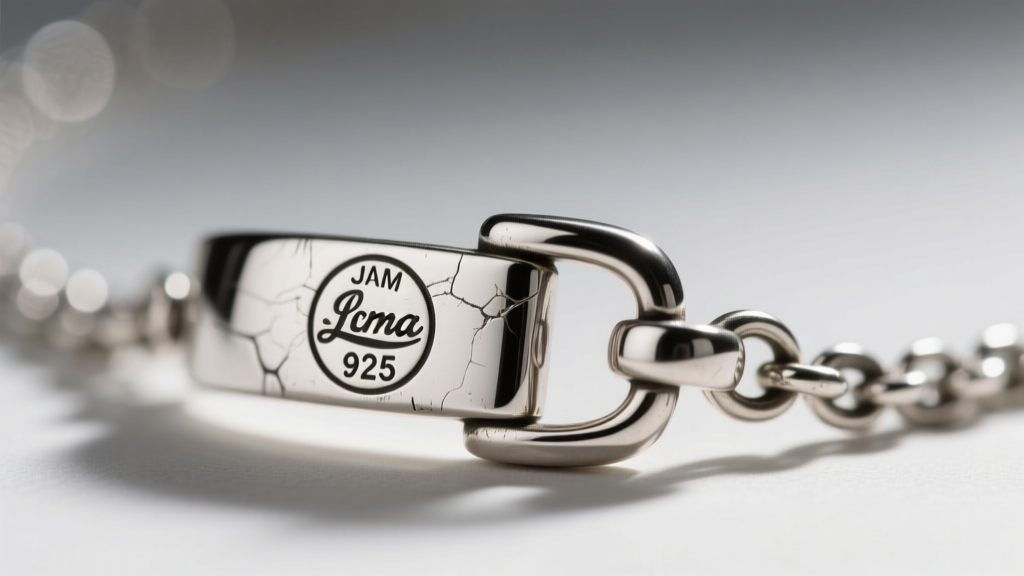 Macro shot of a vintage JCM 925 sterling silver necklace clasp showing the engraved maker mark and 925 stamp under bright light
