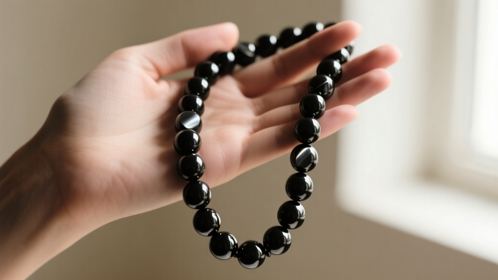 Close-up of a hand holding a hematite bead rosary fashion necklace, highlighting the metallic luster and heavy drape of 8mm stones