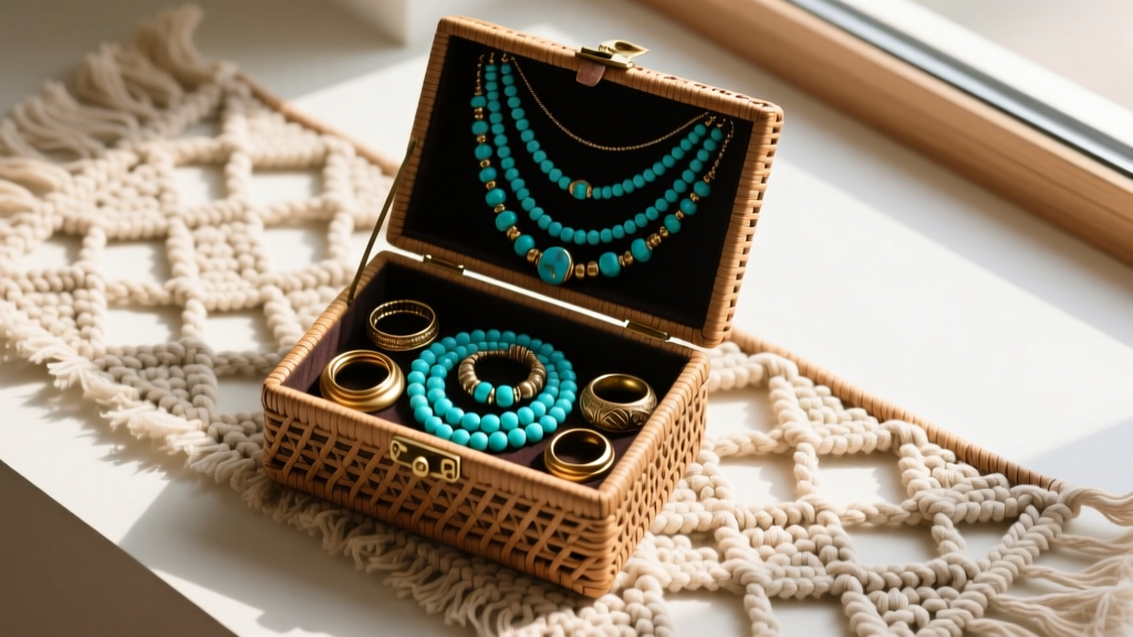 Overhead view of an open woven rattan boho jewelry box on a macrame runner, showing layered turquoise necklaces and brass rings.