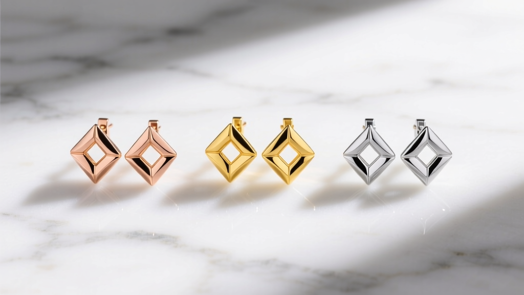 Overhead view of three Yurman Albion earring pairs in rose gold, yellow gold, and silver, arranged neatly on a white marble surface