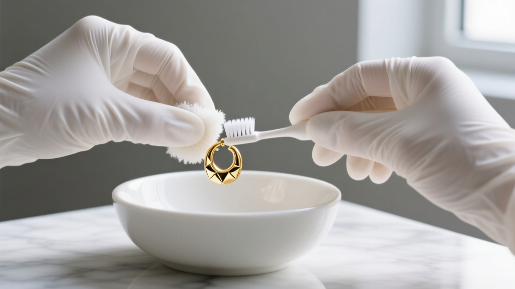 Hands wearing latex gloves using an extra-soft baby toothbrush to gently scrub a tiny 14k gold hoop earring in a ceramic bowl.