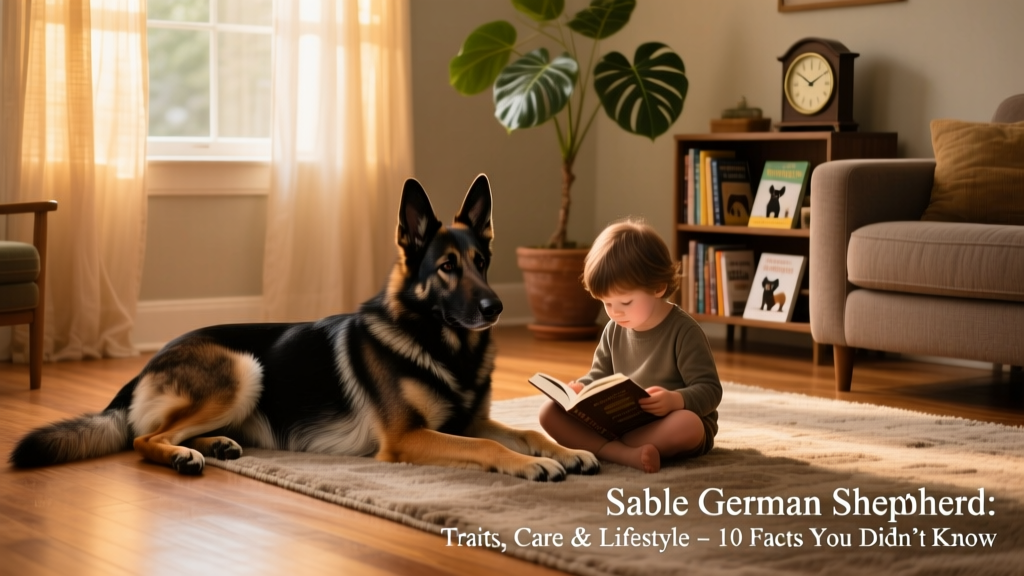 A calm Sable German Shepherd lying beside a child reading on the living room floor, both relaxed and comfortable together